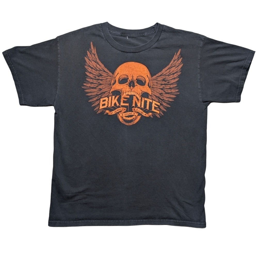 Bike Night Mens Large Black Skull Wing Graphic Tee Orange Motorcycle Y2K T-Shirt